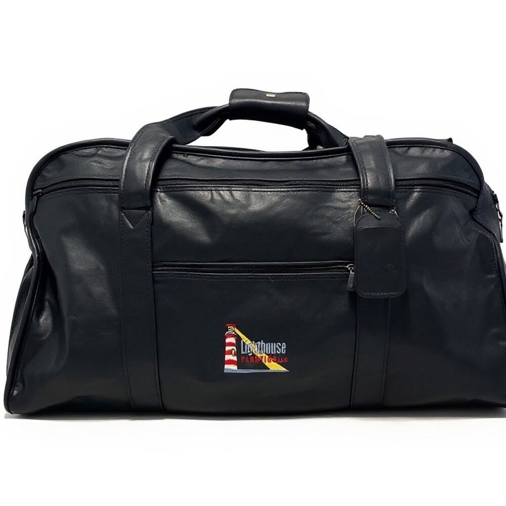 VTG Black Leather Travel Bag Oversized Weekender XL 28” Gym Lighthouse Logo EUC